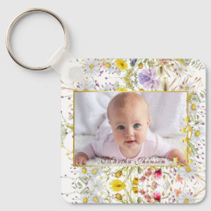 Cute Pink gold Floral Watercolor Baby Girl Photo Key Ring