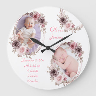 Cute Pink Gold Floral Watercolor Baby Girl Photo Large Clock