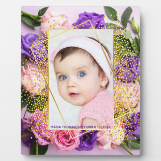Cute Pink Gold Floral Watercolor Baby Girl Photo Plaque