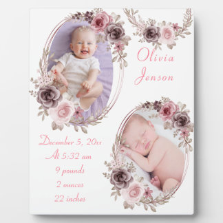 Cute Pink Gold Floral Watercolor Baby Girl Photo  Plaque