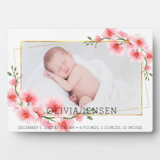 Cute Pink Gold Floral Watercolor Baby Girl Photo  Plaque