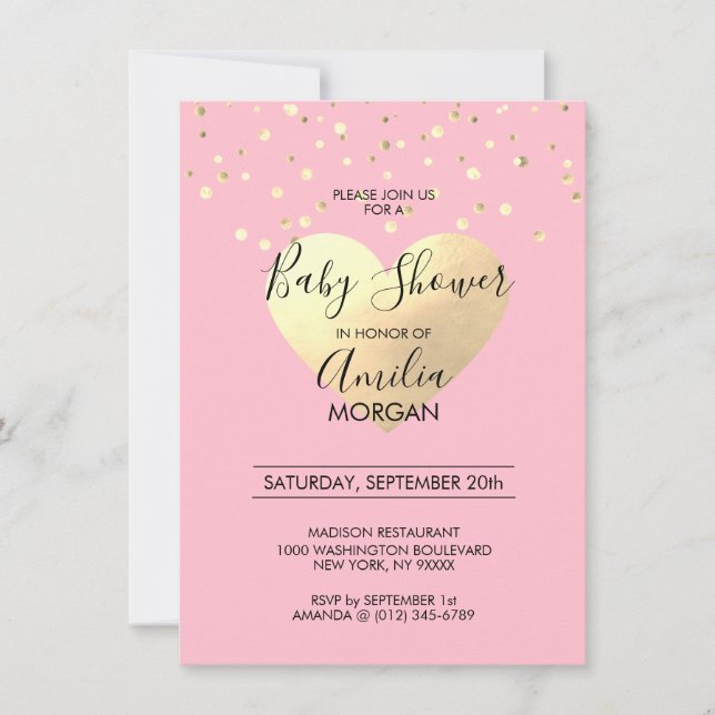 Cute Pink Gold Foil Heart Girl Baby Shower Invitation (Front)