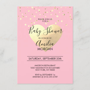 Cute Pink Gold Foil Heart Girl Baby Shower Invitation