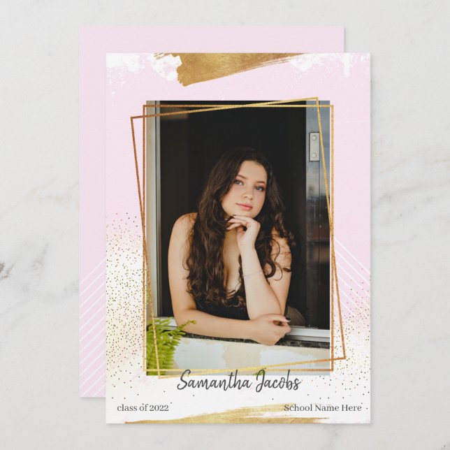 Cute Pink & Gold Framed Graduation Announcement (Front/Back)