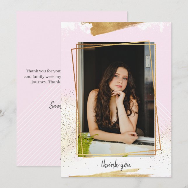 Cute Pink & Gold Framed Graduation Thank You Card (Front/Back)