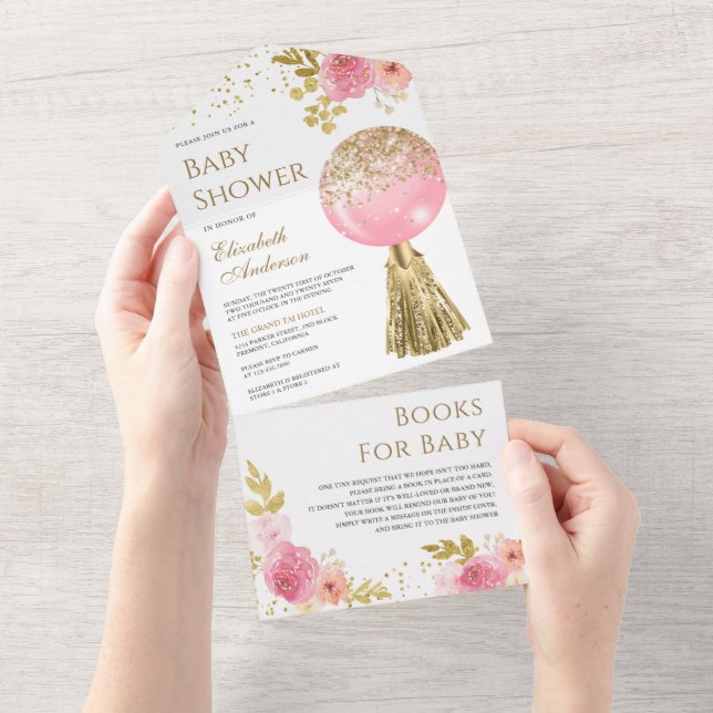 Cute Pink Gold Glitter Balloon Floral Baby Shower All In One Invitation (Tearaway)