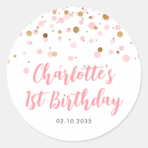 Cute Pink Gold Glitter Confetti Dots Kids Birthday Classic Round Sticker