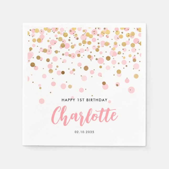 Cute Pink Gold Glitter Confetti Dots Kids Birthday Napkin (Front)