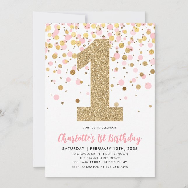 Cute Pink Gold Glitter Confetti Girl 1st Birthday Invitation (Front)