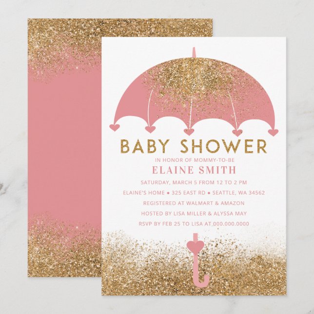 Cute Pink Gold Glitter Umbrella Baby Shower  Invitation (Front/Back)