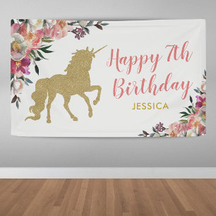 Cute Pink Gold Glitter Unicorn Birthday Party Banner