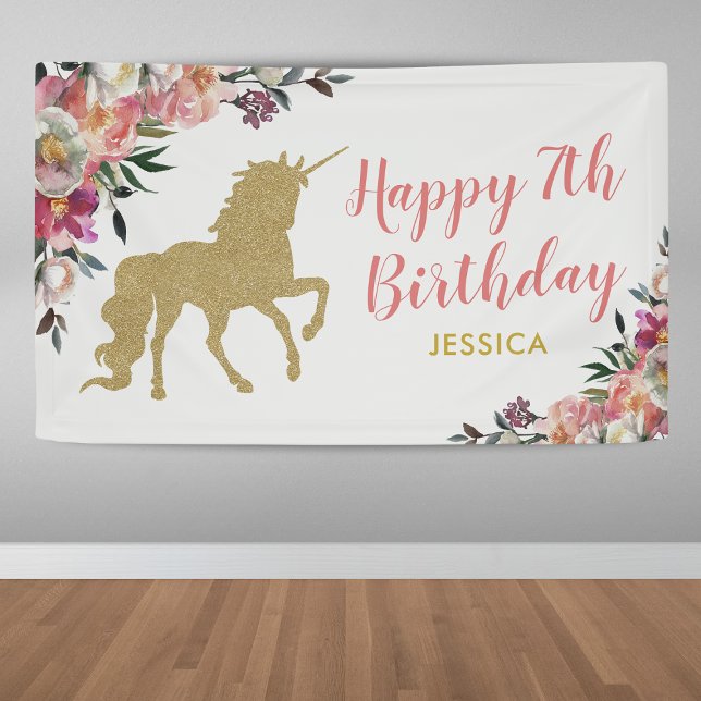 Cute Pink Gold Glitter Unicorn Birthday Party Banner (Creator Uploaded)