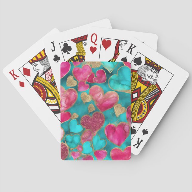 Cute Pink Gold Glitter Valentine Love Hearts Playing Cards (Back)