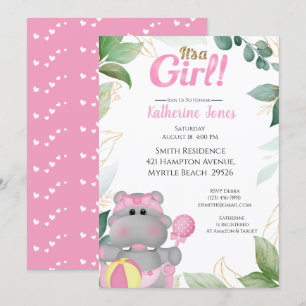 Cute Pink Gold Hippo Baby Shower  Invitation