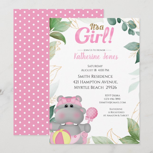 Cute Pink Gold Hippo Baby Shower  Invitation (Front/Back)
