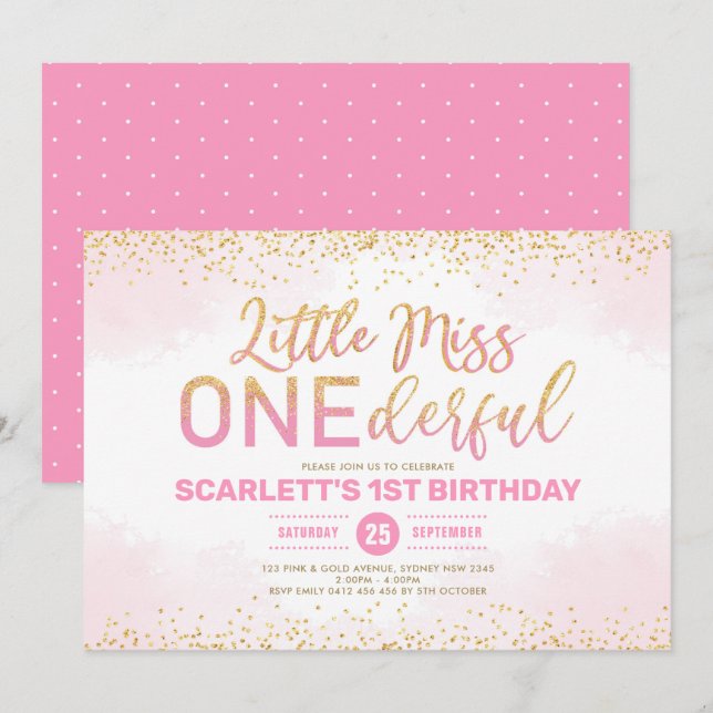 Cute Pink Gold Little Miss Onederful 1st Birthday Invitation (Front/Back)