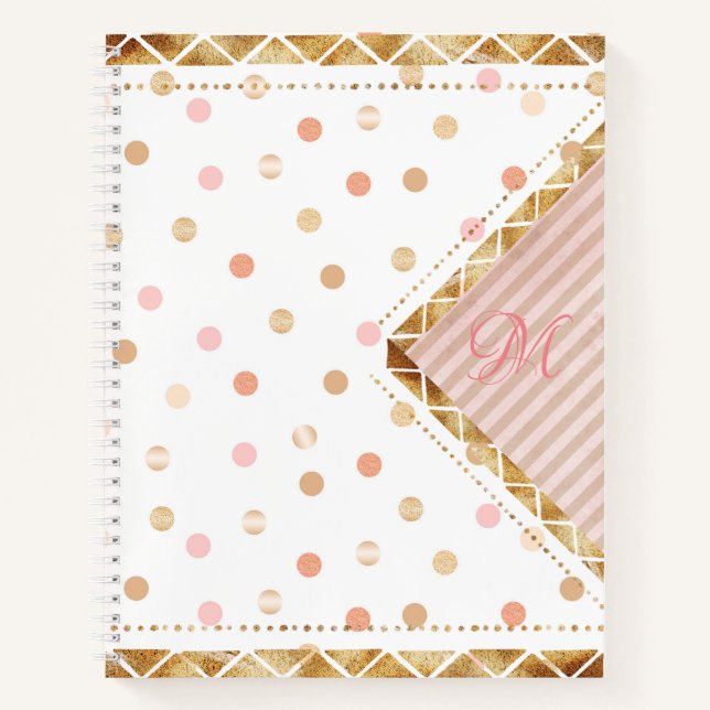 Cute Pink Gold Polka Dot Monogram Notebook (Front)