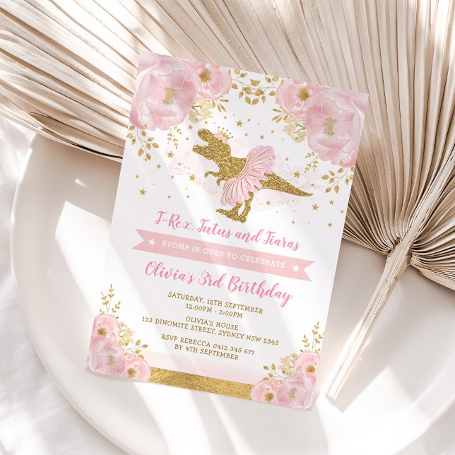 Cute Pink Gold Princess Dinosaur Girl Birthday Invitation (Creator Uploaded)