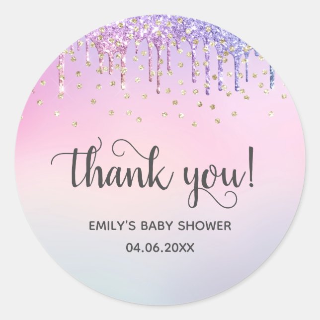 Cute Pink & Gold Rainbow Glitter Drips Baby Shower Classic Round Sticker (Front)