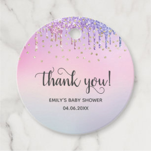 Cute Pink & Gold Rainbow Glitter Drips Baby Shower Favour Tags