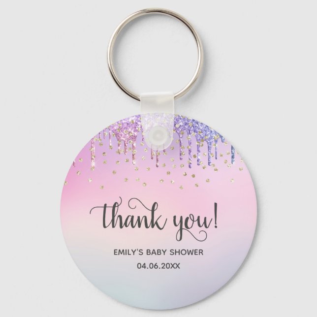 Cute Pink & Gold Rainbow Glitter Drips Baby Shower Key Ring (Front)
