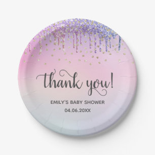 Cute Pink & Gold Rainbow Glitter Drips Baby Shower Paper Plate