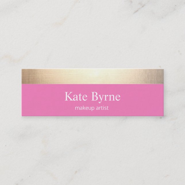 Cute Pink Gold Striped Modern Mini Business Card (Front)