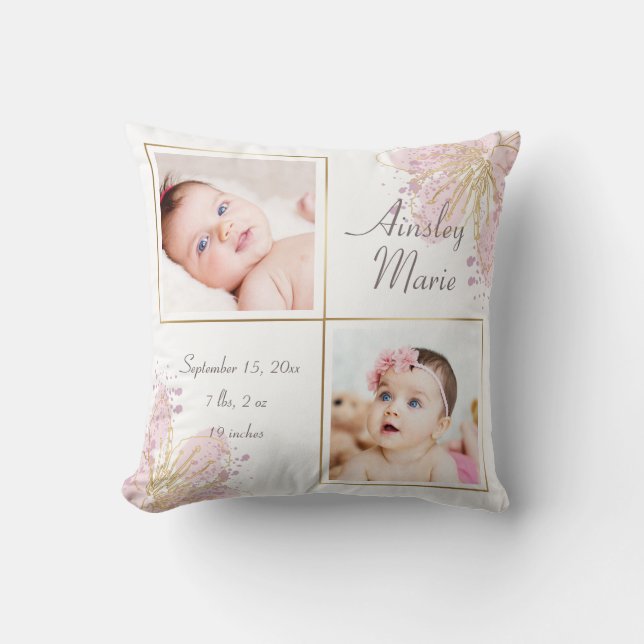 Cute Pink Gold Two Photo Baby Girl Birth Stats Cushion (Front)
