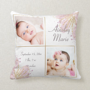 Cute Pink Gold Two Photo Baby Girl Birth Stats Cushion