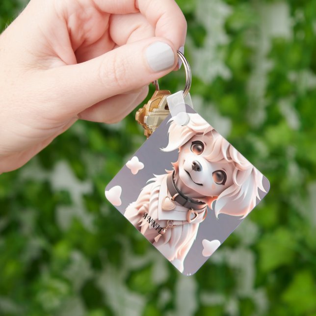 Cute Pink Golden Retriever Kids Custom Name Key Ring (Hand)