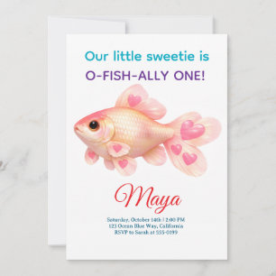 Cute Pink Goldfish O-Fish-Ally One 1st Birthday Invitation