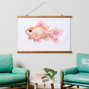 Cute Pink Goldfish with Hearts Kawaii Wood Hanging Tapestry