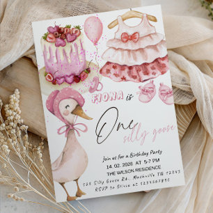 Cute Pink Goose First Birthday Party for Girls Invitation