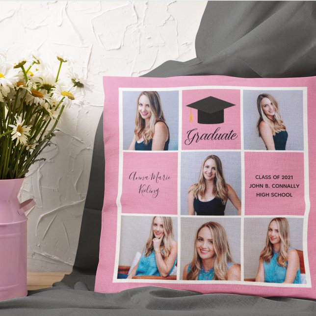Cute Pink Graduation Senior Portrait Photo Collage Cushion (Creator Uploaded)