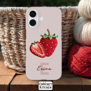 Cute Pink Granny Chic Crochet Strawberry Monogram iPhone 16 Case