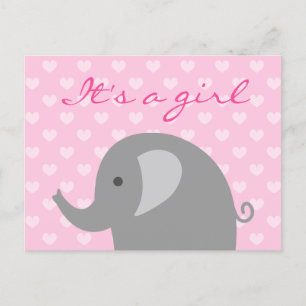 Cute pink & gray elephant birth announcement card