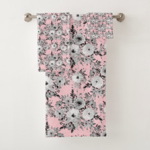 Cute Pink Gray White Floral Watercolor Paint Bath Towel Set