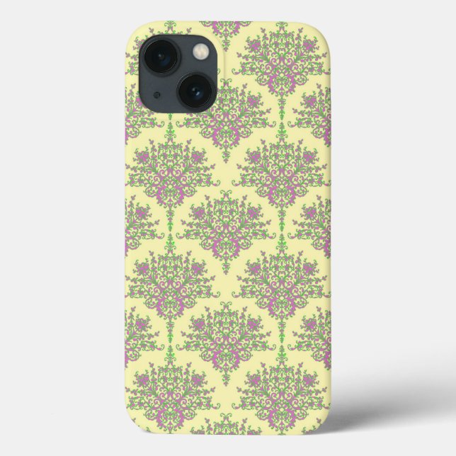 Cute Pink Green and Pale Yellow Damask Case-Mate iPhone Case (Back)