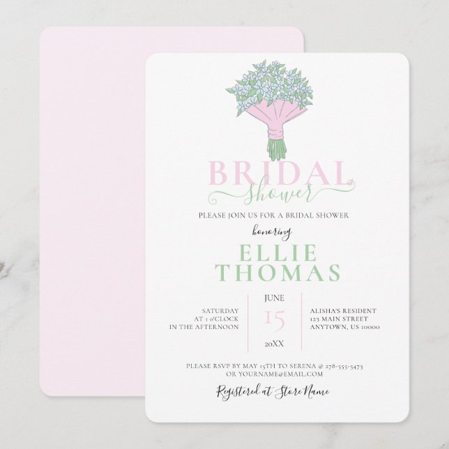 Cute Pink & Green Bouquet Bridal Shower Invitation (Front/Back)