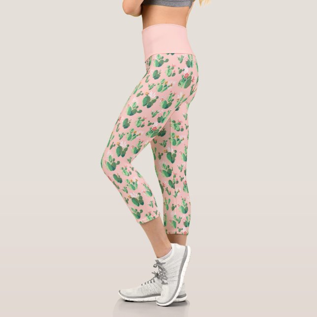 Cute Pink Green Cactus Succulent Plant Pattern Capri Leggings (Left)