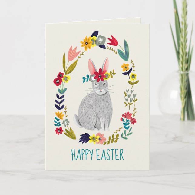 Cute pink & green easter rabbit bunny floral card (Front)