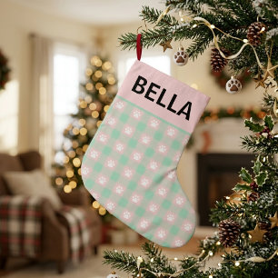 Cute Pink Green Gingham Paw Print Custom Name Large Christmas Stocking