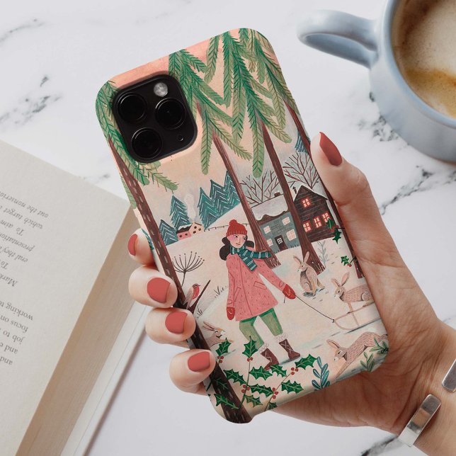 Cute pink & green girl and rabbits snow landscape Case-Mate iPhone case (Creator Uploaded)