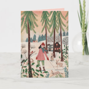 Cute pink & green girl and rabbits snow landscape holiday card
