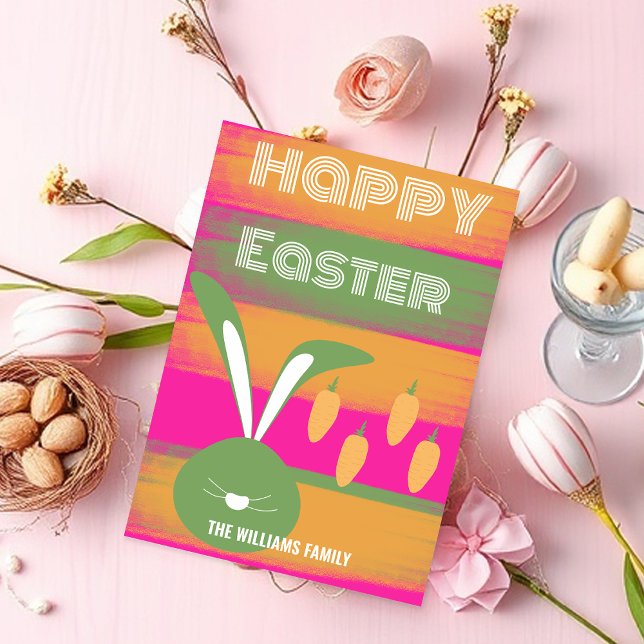 Cute Pink Green Happy Easter Bunny And Carrots Holiday Card (Creator Uploaded)