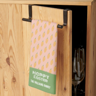 Cute Pink Green Happy Easter Carrots Tea Towel