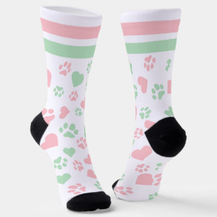 Cute Pink & Green Heart and Paw Print Pattern Socks