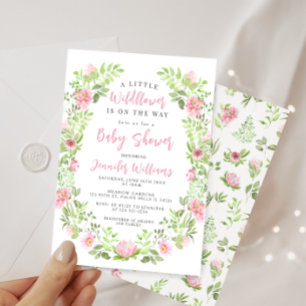 Cute pink green little wildflower baby girl shower invitation