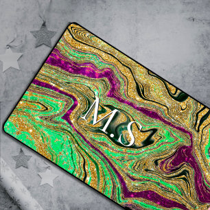 Cute pink green marble art faux Glitter monogram Desk Mat