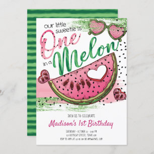 Cute Pink Green One In A Melon 1st Birthday  Invitation